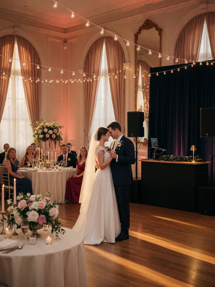 Couple sharing their first dance at an elegant wedding reception with soft string lights